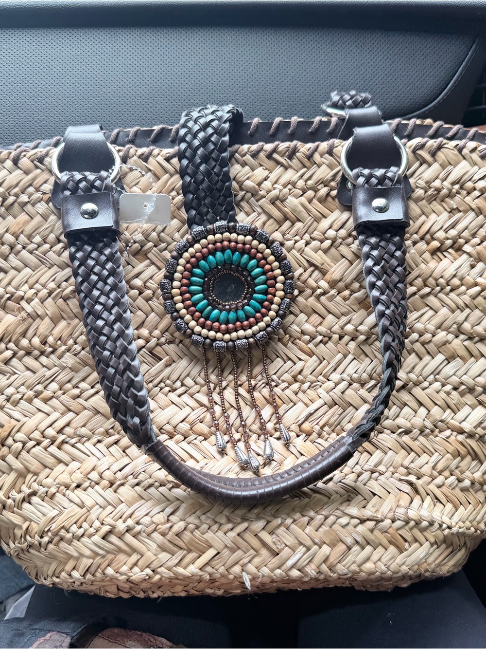 Braided Handle Straw Tote with Turquoise Beaded Medallion